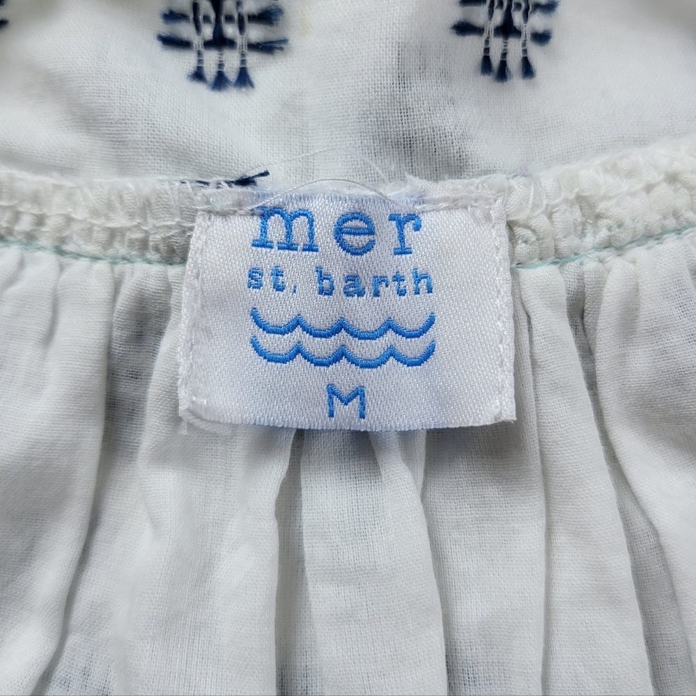 Mer St. Barth Womens White Pink Navy Sandrine Embroidered Tassel Mini Dress M - Picture 3 of 9